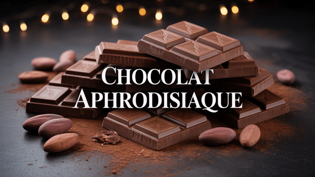 Tablettes de chocolats aphrodisiaque et fèves sur fond romantique