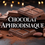 Tablettes de chocolats aphrodisiaque et fèves sur fond romantique