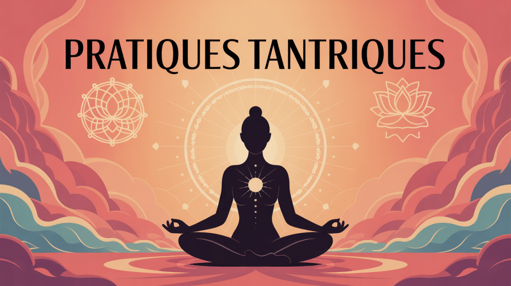 Illustration pratiques tantriques méditation énergie dorée symboles spirituels