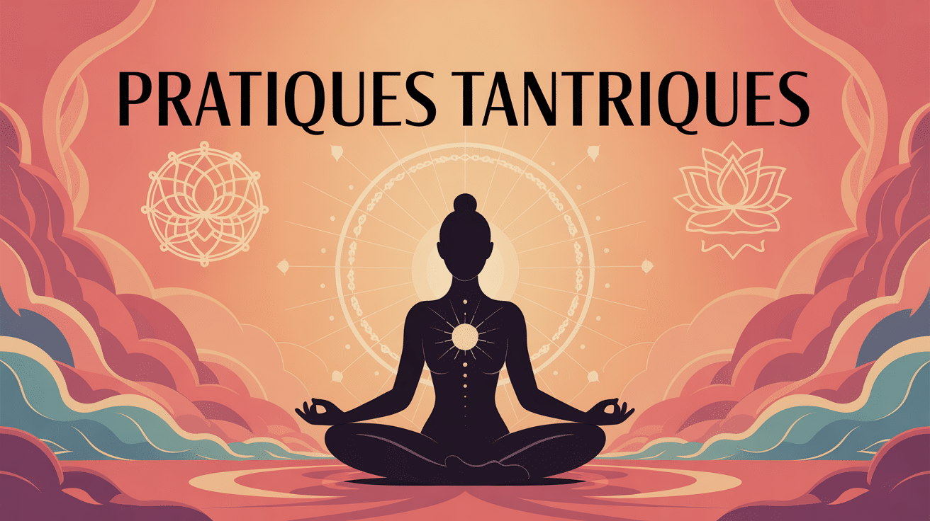 Illustration pratiques tantriques méditation énergie dorée symboles spirituels