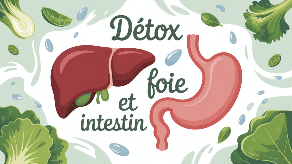 illustration detox foie et intestin avec organes reliés, légumes verts et eau