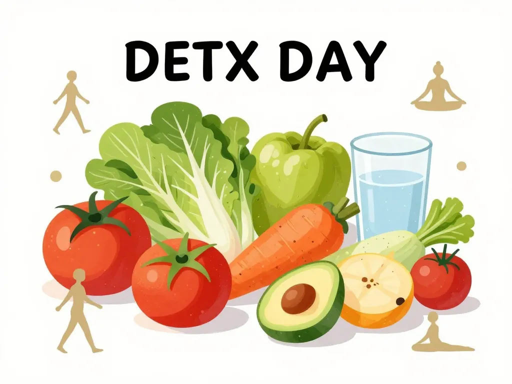 illustration detox foie et intestin avec aliments sains et activités douces