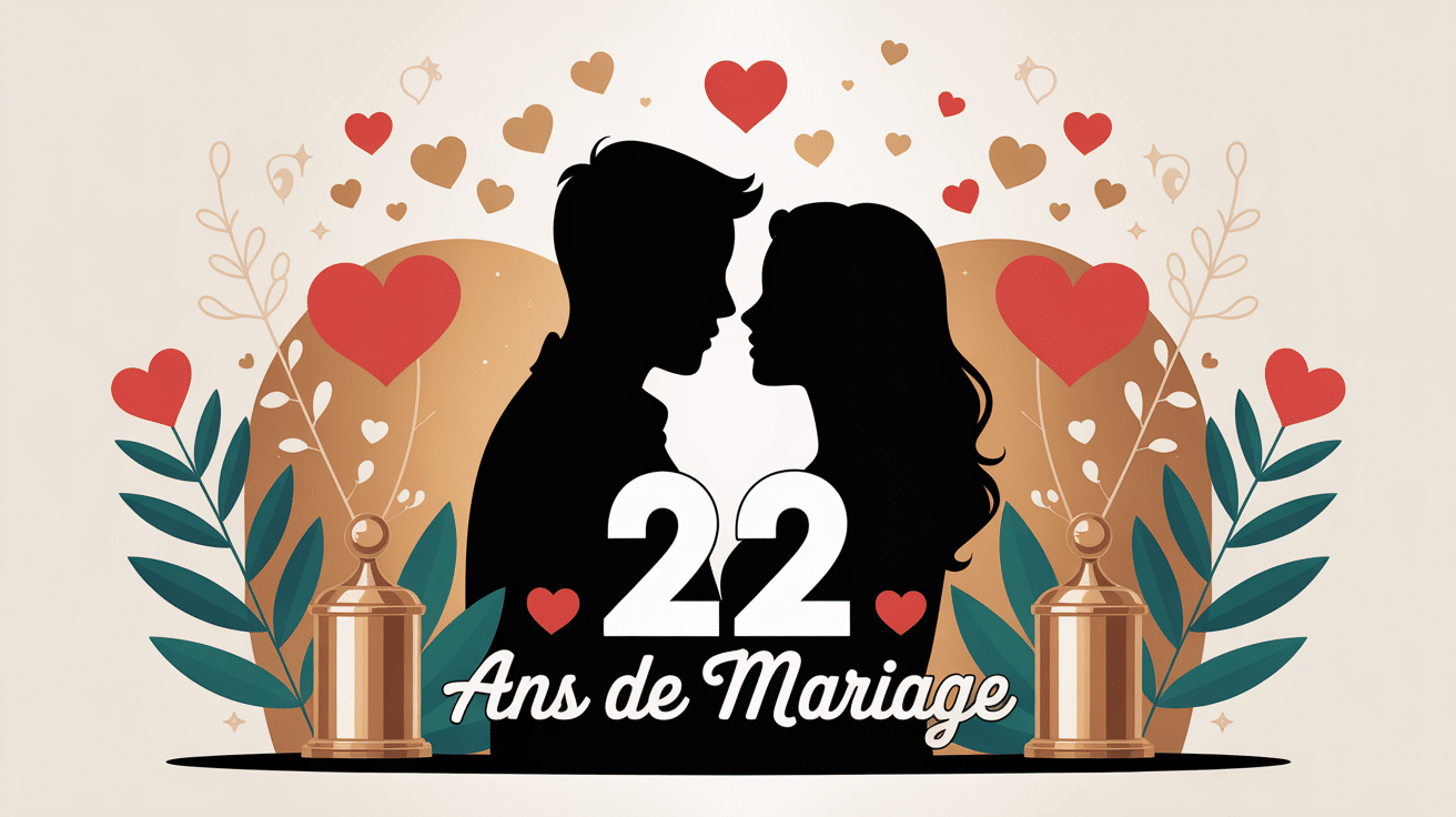 Illustration 22 ans de mariage silhouettes bronze et symboles