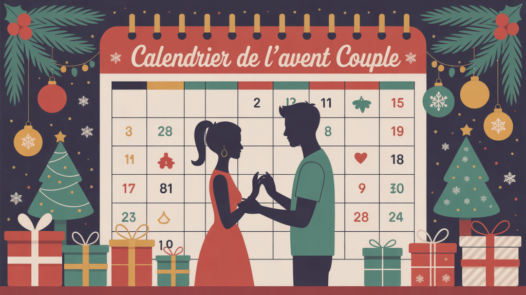 calendrier de l'avent couple, illustration ambiance chaleureuse
