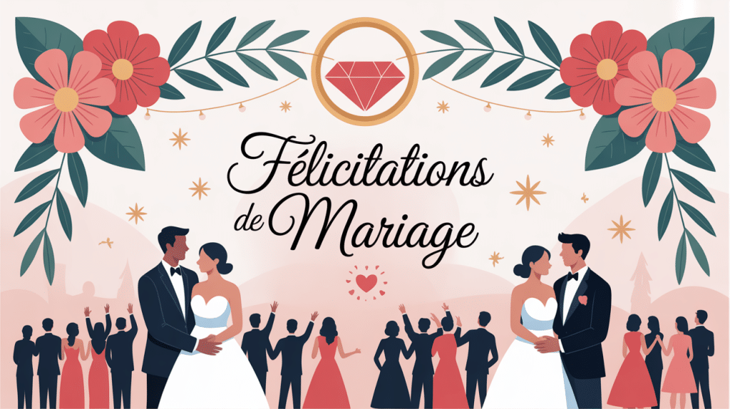 felicitation mariage illustration festive avec alliances et fleurs