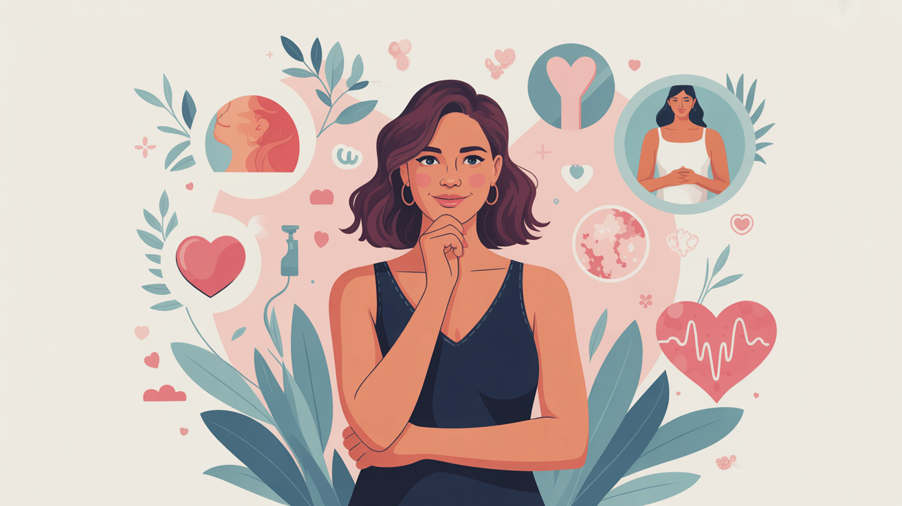 Médicament pour augmenter le plaisir chez la femme, illustration positive avec femme et icônes santé