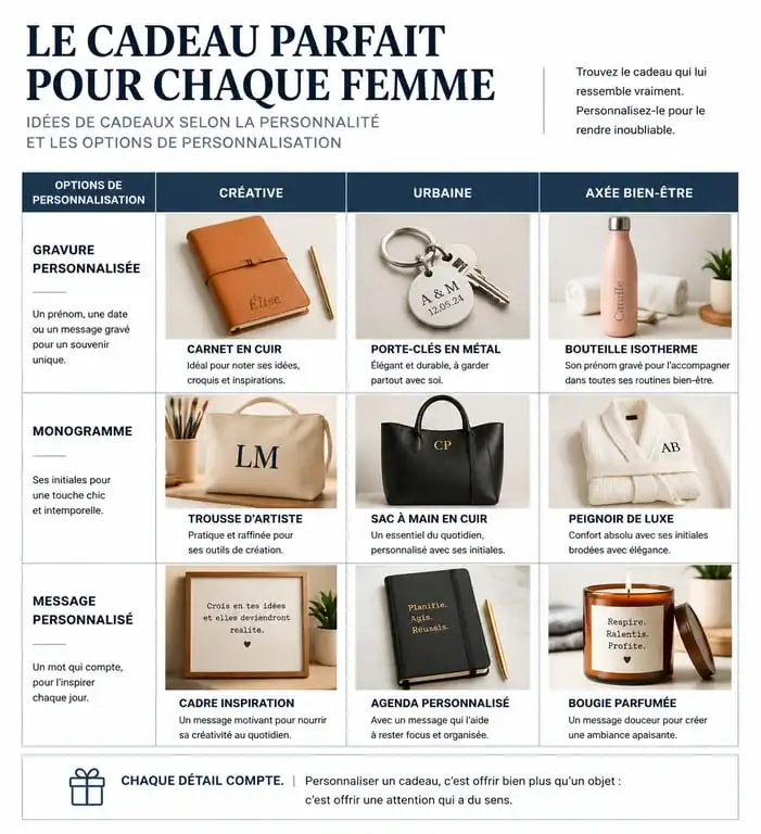 Infographie guide des idées cadeaux originaux pour femme par profil