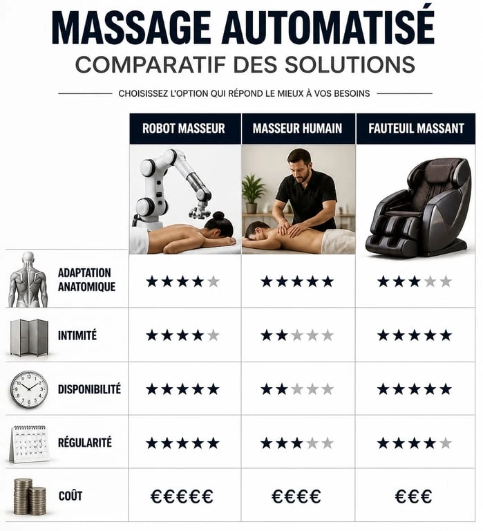 Comparatif entre robot masseur, massage humain et fauteuil massant pour le bien-être