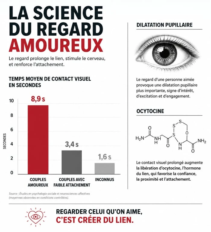 Infographie sur la science du regard et l'amour : corrélation entre contact visuel et sentiments amoureux.
