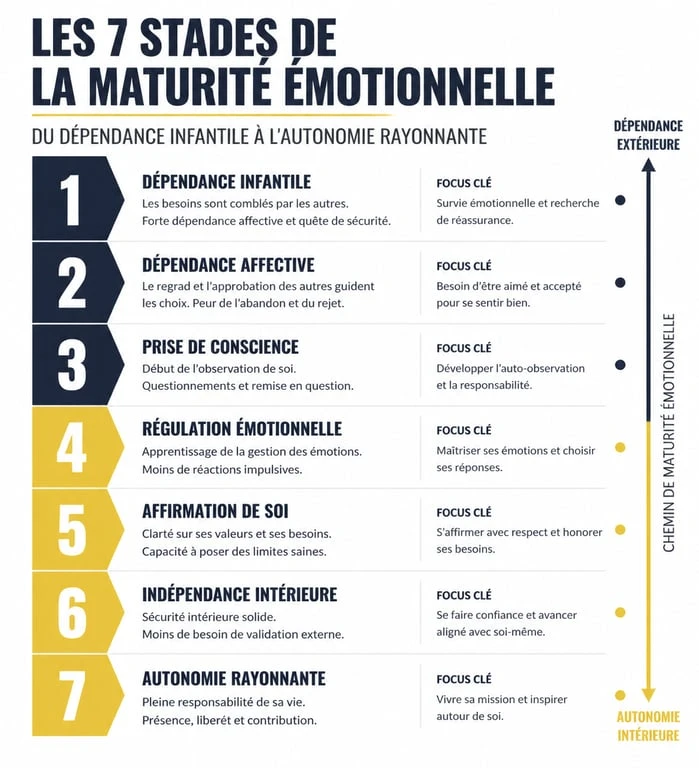 Infographie des 7 stades de la maturité émotionnelle, de la dépendance à l'autonomie