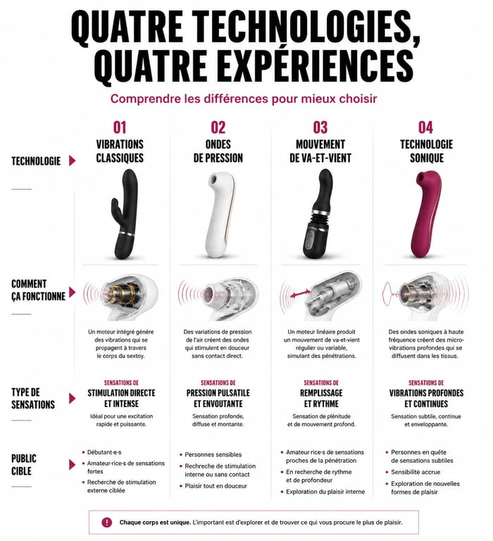 Infographie comparative des technologies de sextoys pour guider votre choix lors d'un test sextoy
