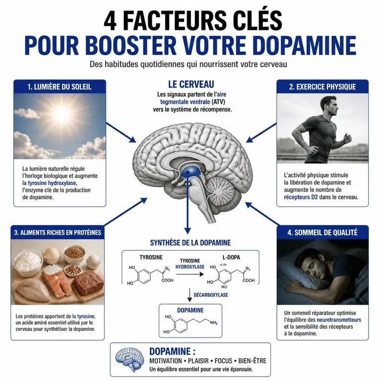 Infographie sur les 10 façons d'augmenter la dopamine dans votre cerveau et les facteurs influençant sa synthèse