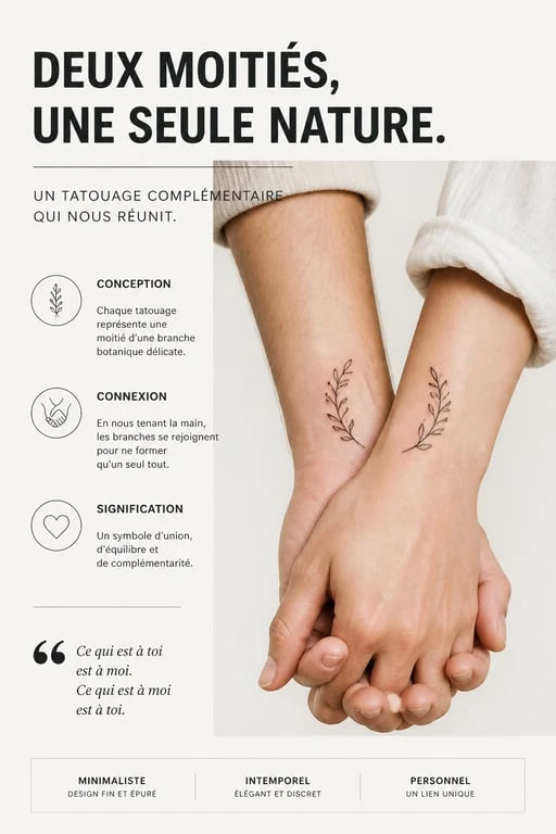 Tatouages de couple originaux avec un motif botanique minimaliste et élégant sur les poignets
