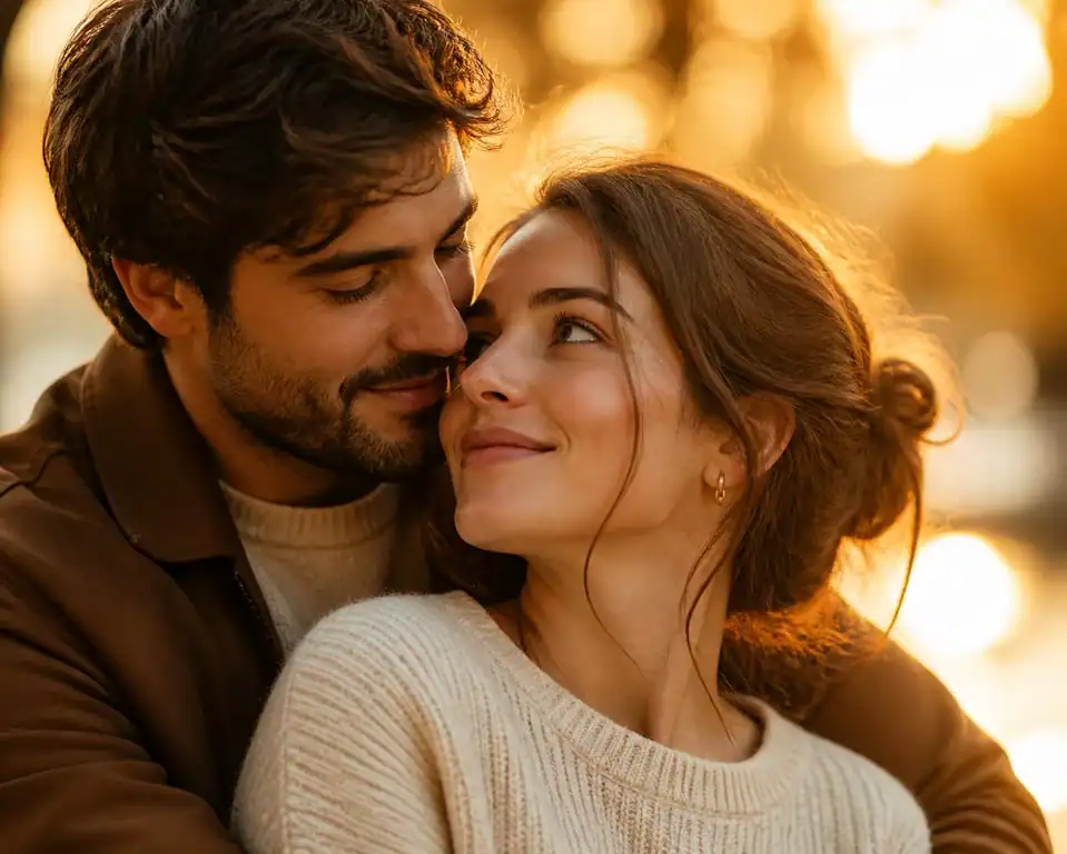 Photographie de couple avec éclairage chaud et bokeh pour illustrer l'esthétique des amoureux
