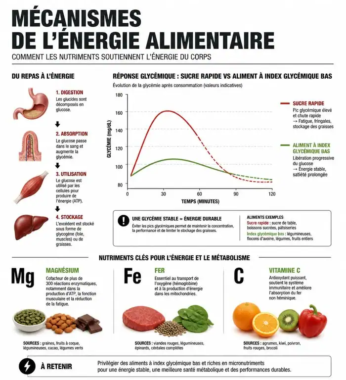 Infographie des mécanismes de l'énergie alimentaire : index glycémique et nutriments pour un regain d'énergie rapide.