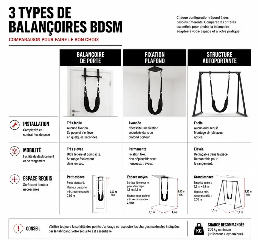 Comparatif des types de balançoires BDSM : porte, plafond et structure autoportante pour une installation sécurisée.