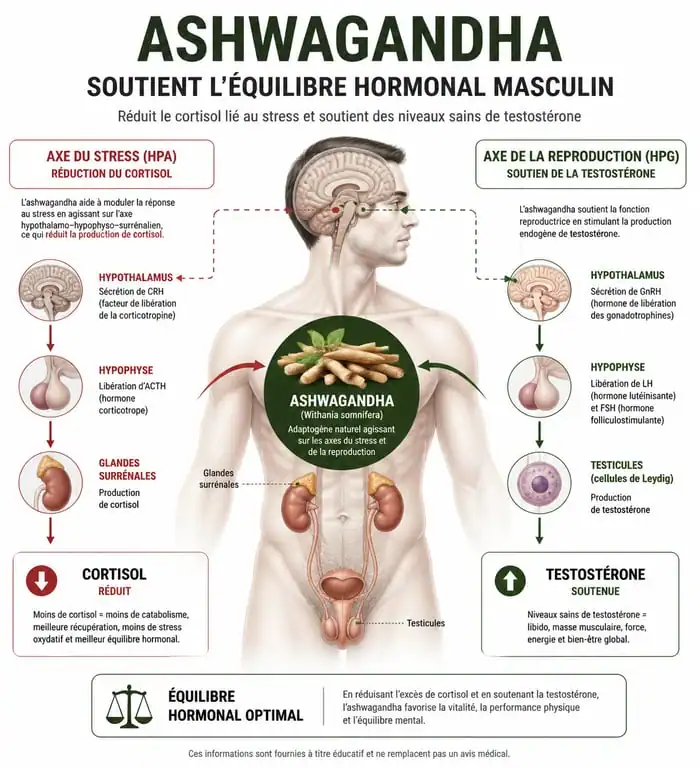 Infographie des bienfaits de l'ashwagandha sur la santé masculine et la testostérone