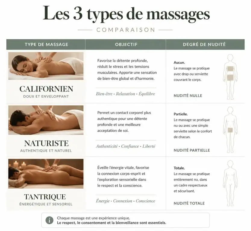 Tableau comparatif des types de massage nu à Aix-en-Provence : Californien, Naturiste et Tantrique