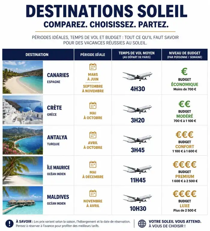 Infographie comparative des meilleures destinations pour des vacances au soleil selon la saison et le budget