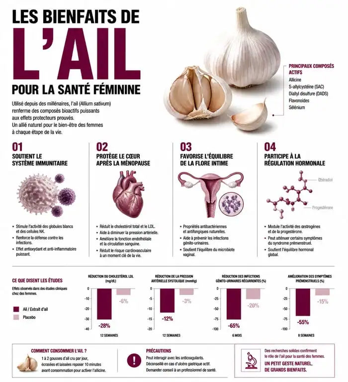 Infographie sur les vertus de l'ail chez la femme : santé cardiovasculaire, immunité et équilibre hormonal.