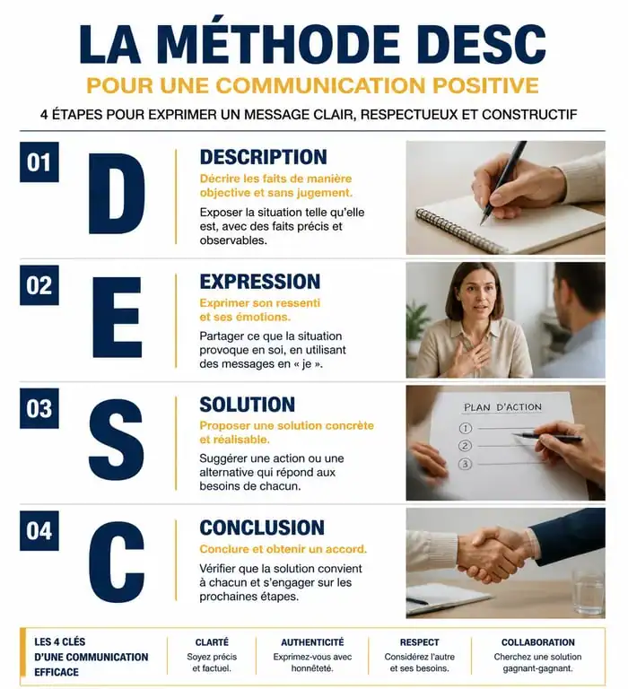 Infographie illustrant la méthode DESC pour une communication positive efficace