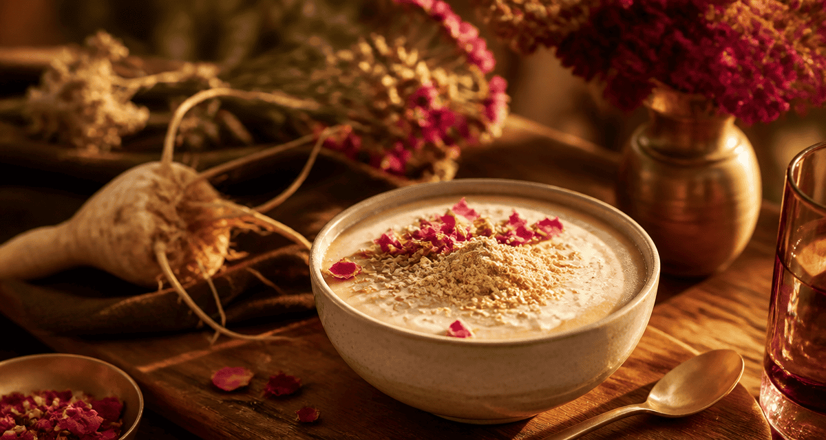 Maca pour les femmes, smoothie et racine sur table