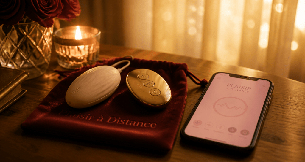 sextoy telecommande sur table en bois avec telecommande et pochette