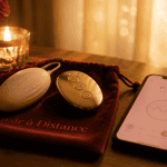 sextoy telecommande sur table en bois avec telecommande et pochette