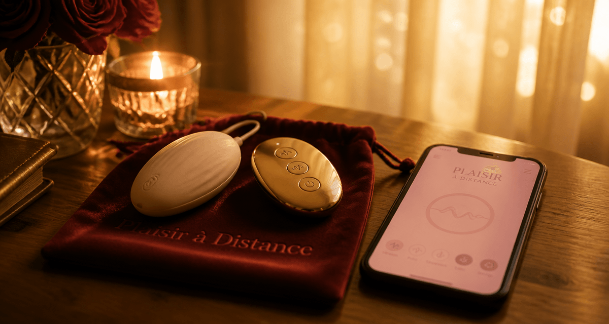 sextoy telecommande sur table en bois avec telecommande et pochette