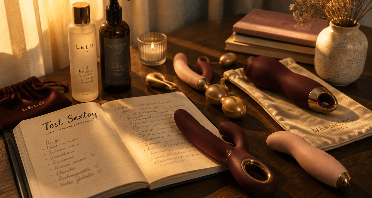 test sextoy sur table en bois avec accessoires
