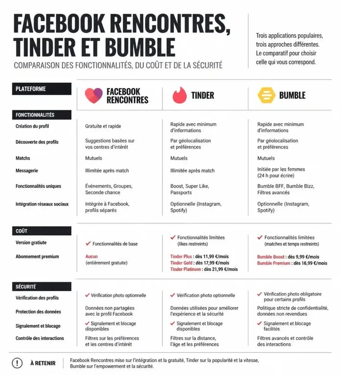 Comparatif des applications de rencontre Facebook Rencontres, Tinder et Bumble pour choisir la meilleure option.