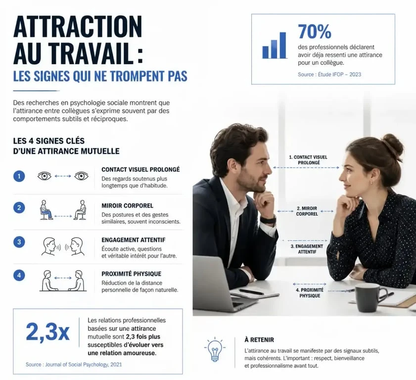 Illustration des signaux non-verbaux d'attirance mutuelle entre collègues au bureau