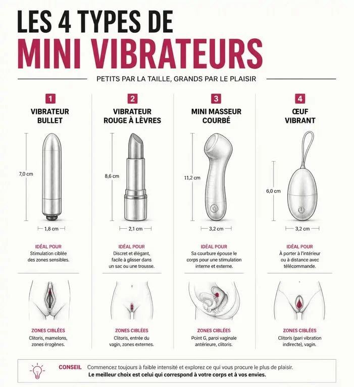 Infographie comparative des différents types de petit vibro : balle vibrante, vibro rouge à lèvres, mini masseur et œuf vibrant.
