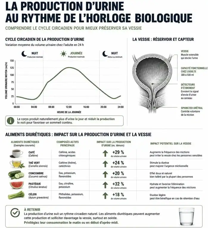 Infographie sur les effets des aliments diurétiques à éviter le soir pour limiter les réveils nocturnes