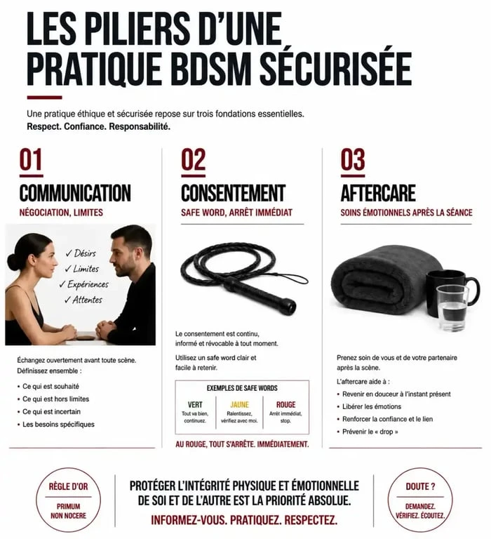 Infographie sur les piliers de la sécurité et du consentement dans la soumission sexuelle et le BDSM