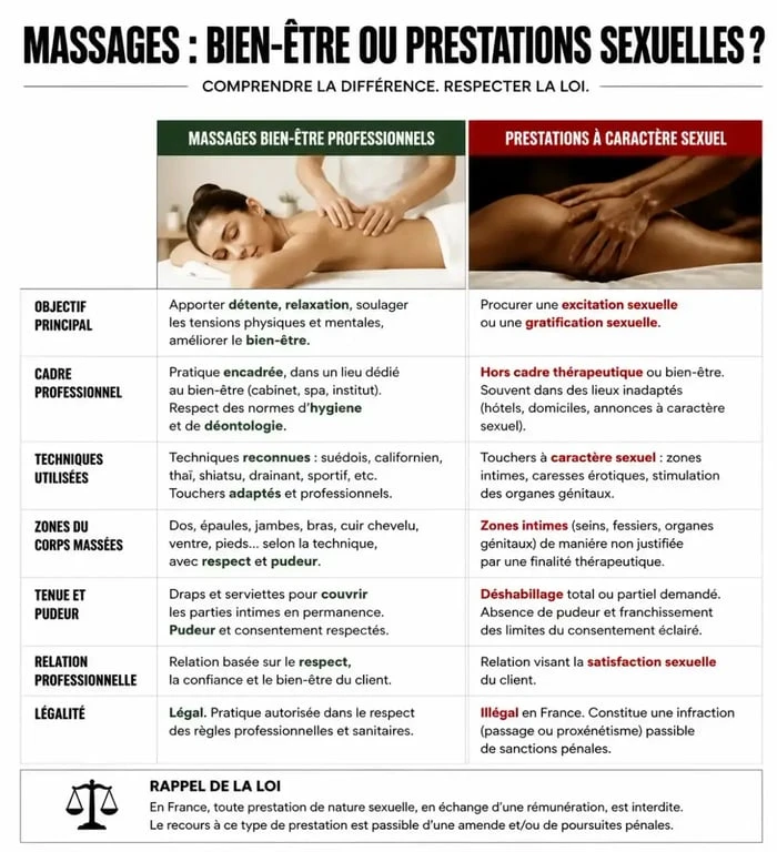Tableau comparatif des types de massages : bien-être, tantrique et prestations sexuelles pour comprendre la légalité et les différences.