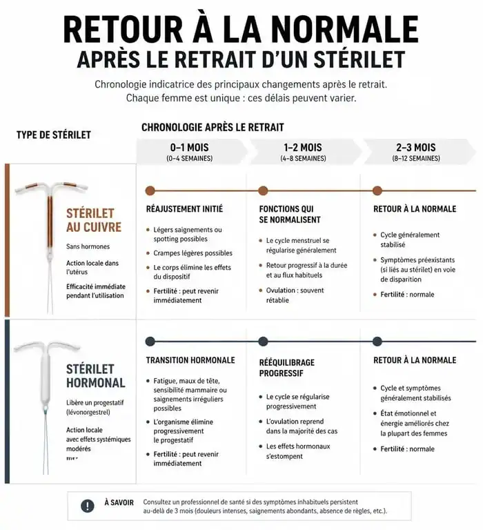 Chronologie des effets après retrait stérilet cuivre vs hormonal