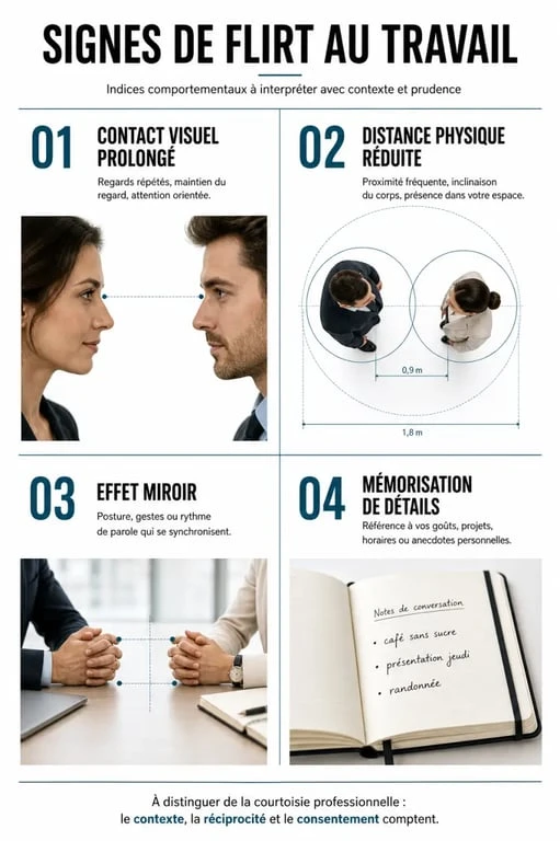 Infographie illustrant les principaux signes de flirt au travail pour distinguer l'intérêt amoureux de la camaraderie professionnelle.