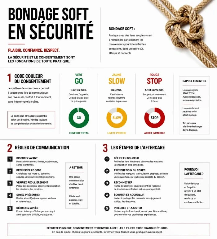 Infographie sur les règles de sécurité et le consentement pour une pratique du bondage soft en toute confiance