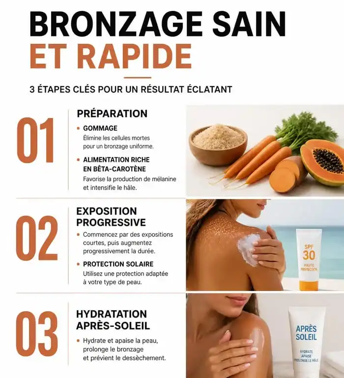 Infographie sur les étapes pour bronzer vite et en toute sécurité