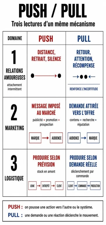 Infographie comparative du concept de push and pull en marketing, logistique et relations amoureuses
