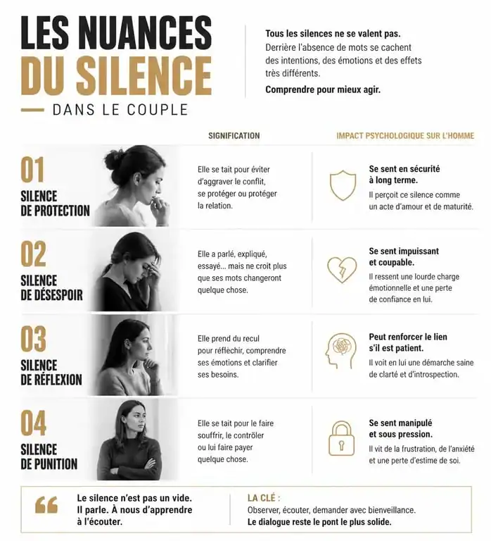 Infographie sur les types de silence dans le couple et comment le silence d'une femme peut secouer la conscience d'un homme