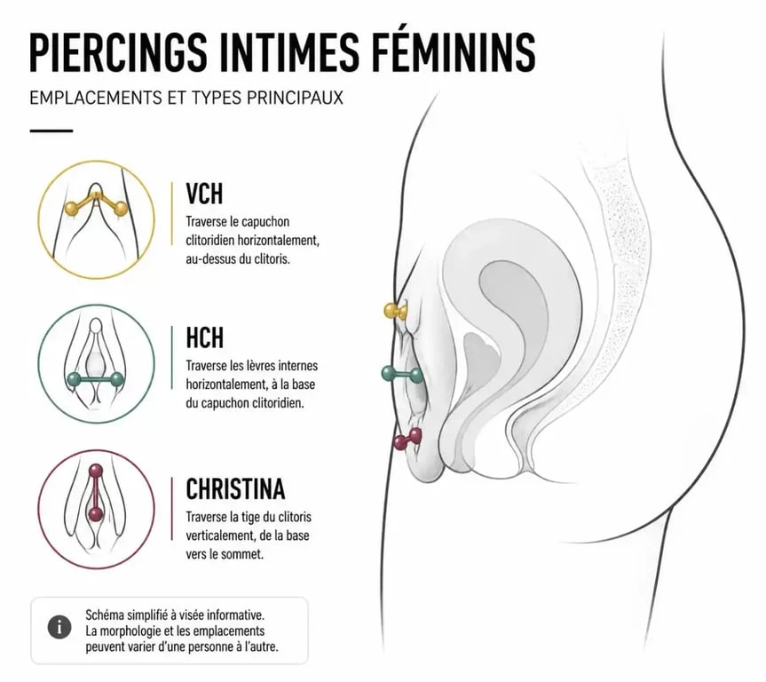 Schéma anatomique illustrant les différents types de piercing clitoris et capuchon clitoridien
