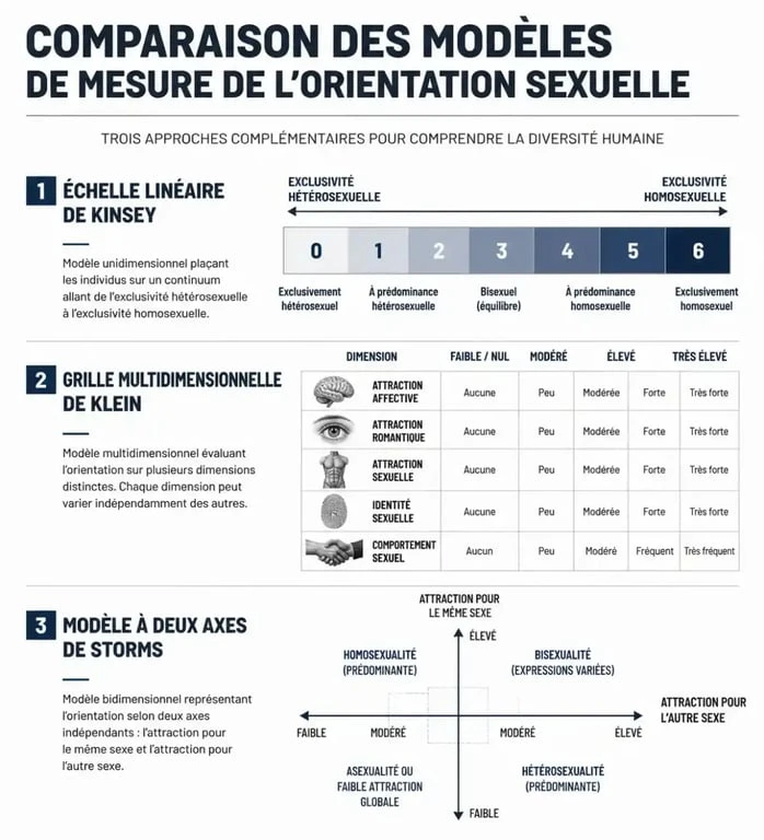 Infographie comparant les modèles de mesure de l'orientation sexuelle : Kinsey, Klein et Storms.
