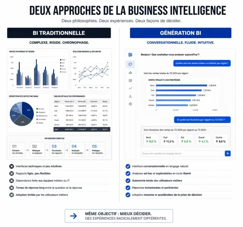 Infographie comparative entre la Business Intelligence traditionnelle et la nouvelle génération de BI (Gen BI) pour une analyse de données simplifiée.