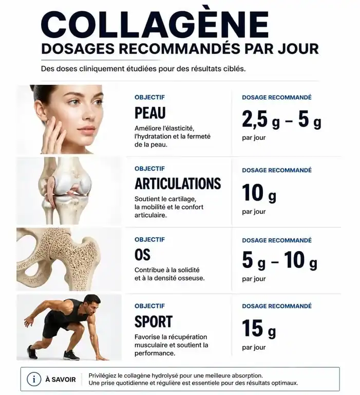 Infographie des dosages recommandés de collagène par jour selon les objectifs de santé