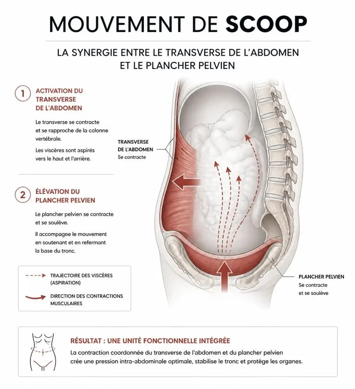 Schéma explicatif du mouvement de scoop en kinésithérapie périnéale montrant l'activation du transverse et du plancher pelvien