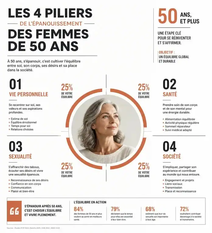 Infographie résumant les attentes et aspirations des femmes de 50 ans pour leur épanouissement personnel et social.
