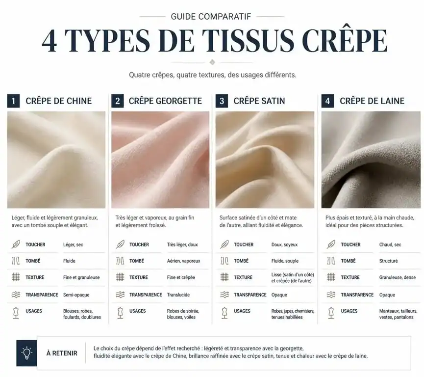 Infographie comparative des différents types de tissus crêpe pour les noces de crêpe