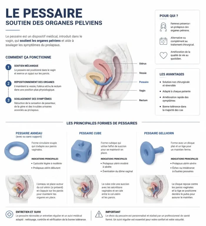 Schéma illustrant les différents types de pessaires pour le traitement du prolapsus génital et leurs indications.